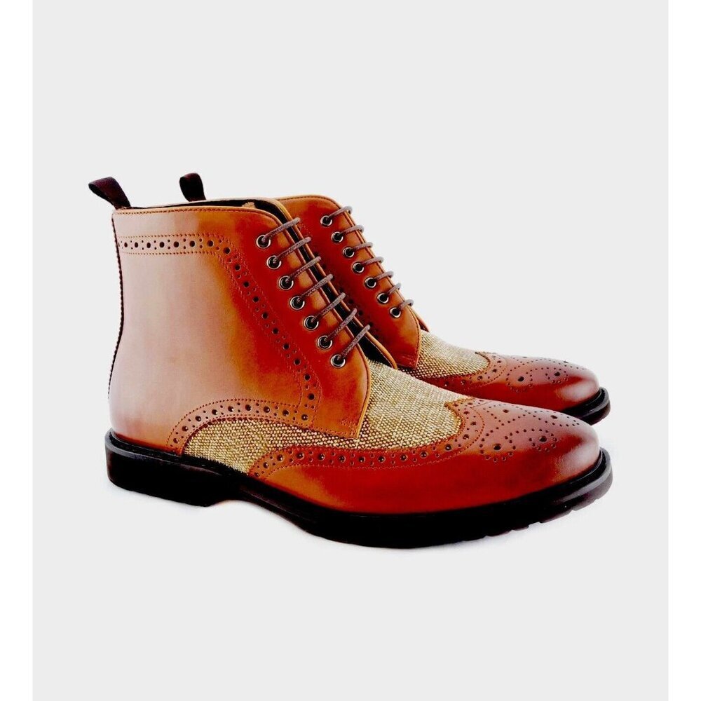 Paolo Vandini London Brown Leather/Canvas Lace Up Boots Eu 45 Us 13 Uk 11